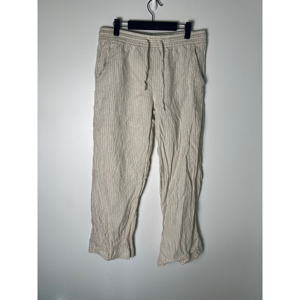 L.L.Bean Striped Linen Pants Wm 10 Beige White Drawstring Casual Boho Lagenlook